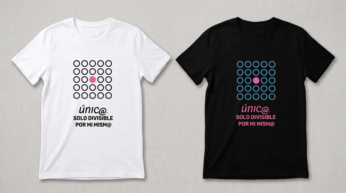 Camisetas con un patrón de puntos y el lema «único, solo divisible por mí mismo»